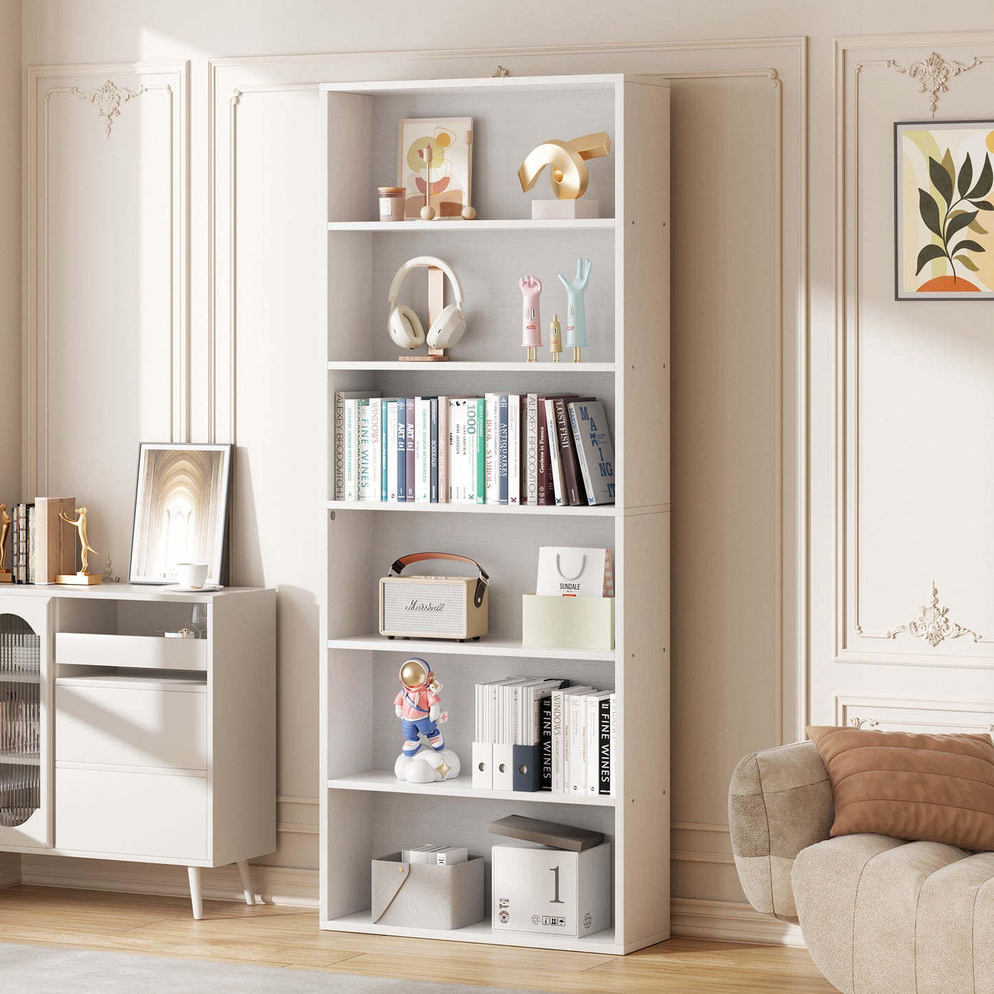 Walsunny 6 Tier Bookshelf Standard Wooden Bookcase Display Shelf with Storage Anti-tipping Device for Home Office Living Room
