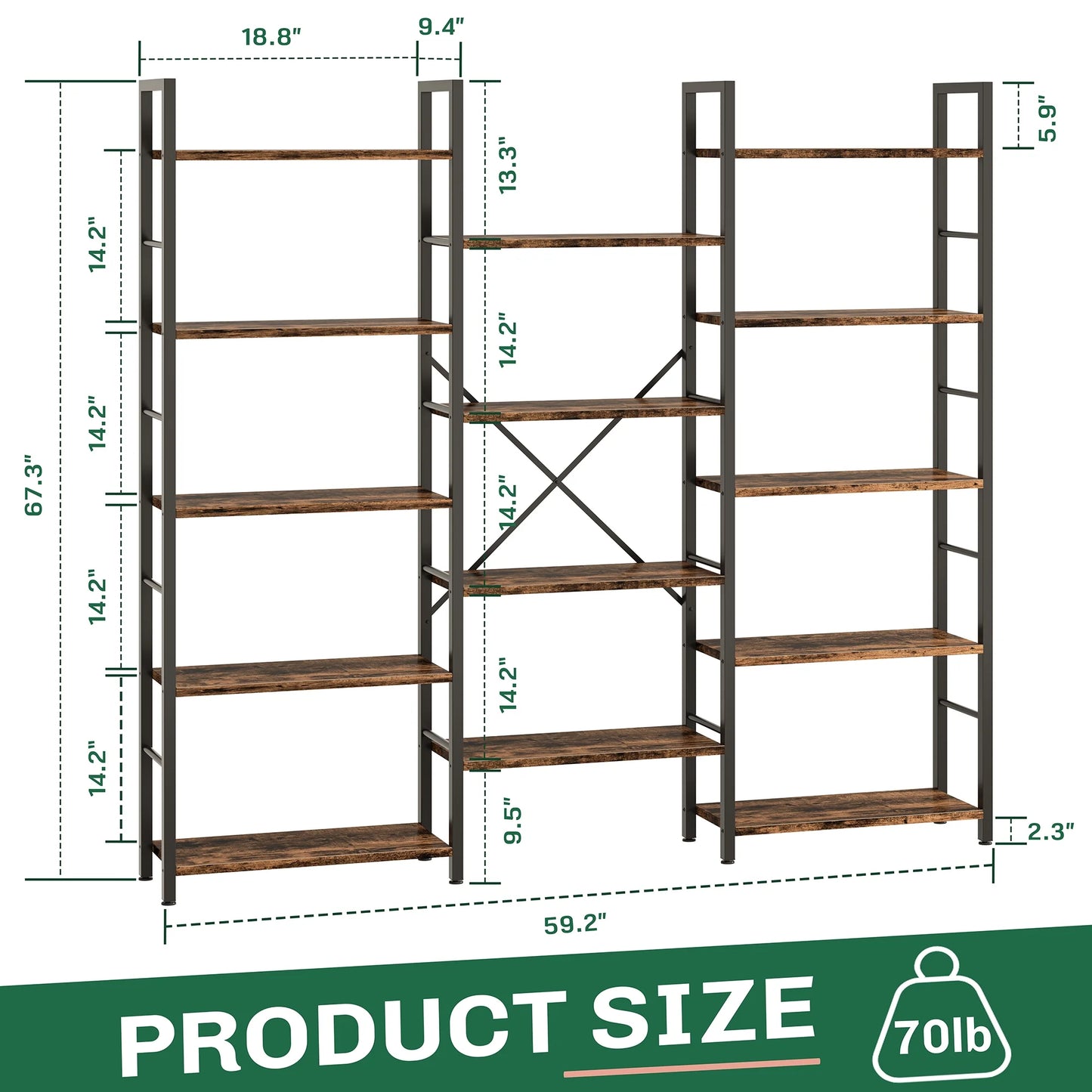 Walsunny Triple 5 Tier Bookshelf, Industrial Large Bookcase with 14 Open Display Shelves, Large Etagere Bookshelf,Wide Book Shelf Book Case for Home & Office, Rustic Brown