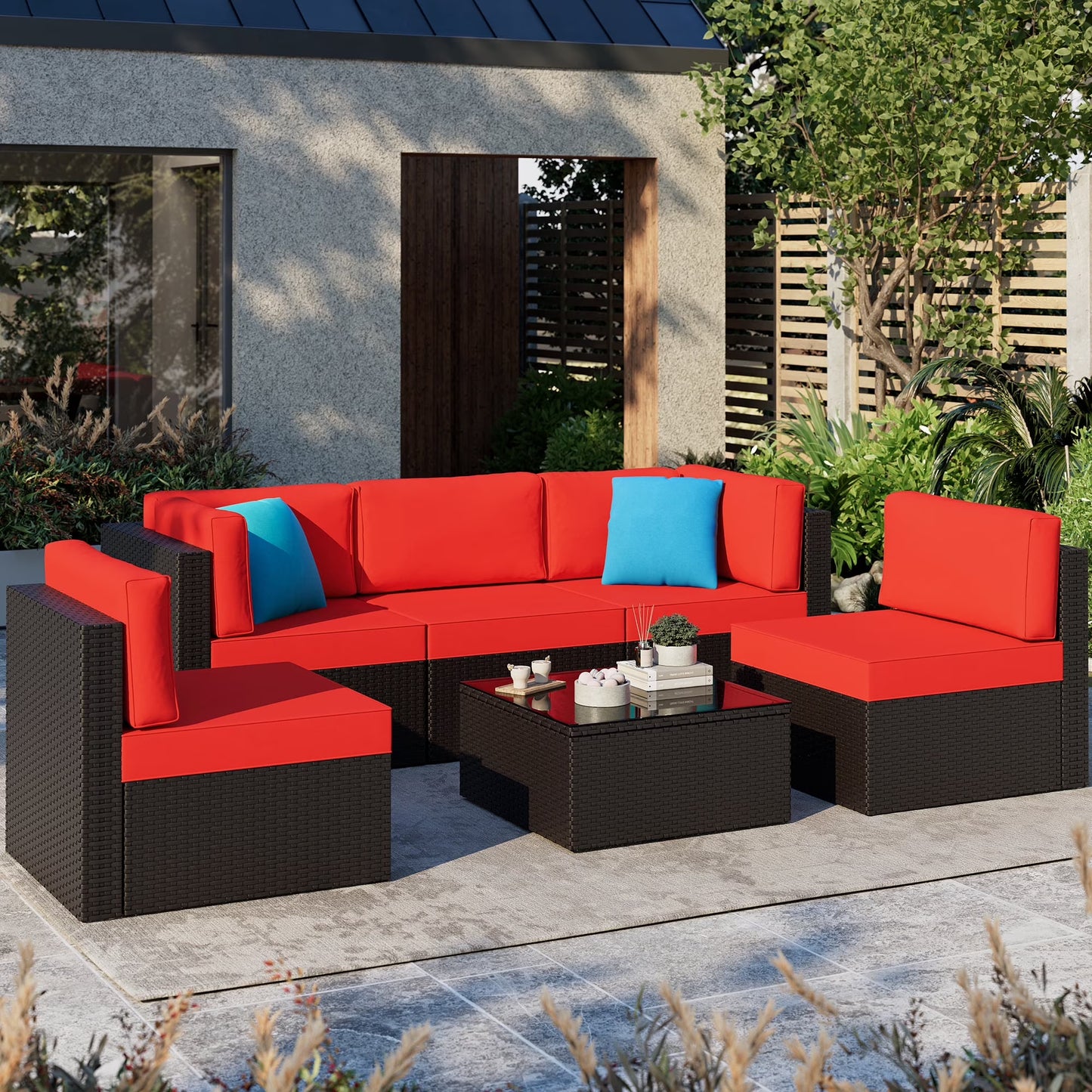 Patio Furniture Set, Walsunny 6 Piece All Weather Outdoor Sectional Sofa, Wicker Patio Conversation Set with Cushions and Tempered Glass Table for Backyard Porch