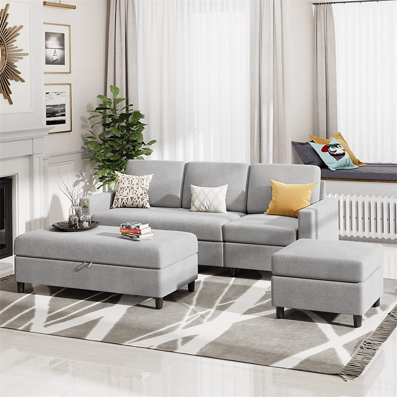 Walsunny Sectional Sofa With Long Storage Ottoman For Small Apartment#color_light-grey