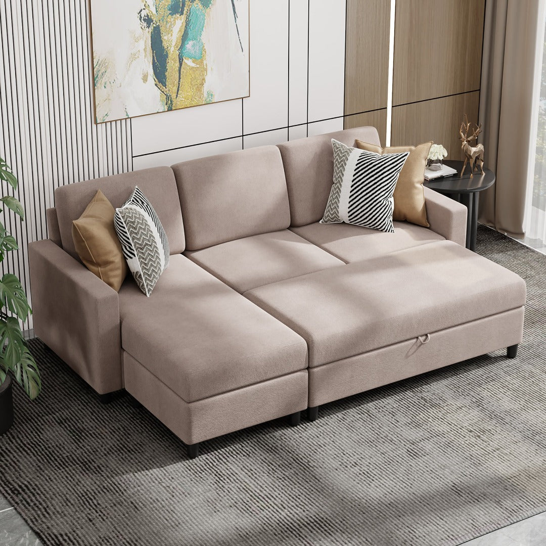 Walsunny Sectional Sofa With Long Storage Ottoman For Small Apartment#color_khaki