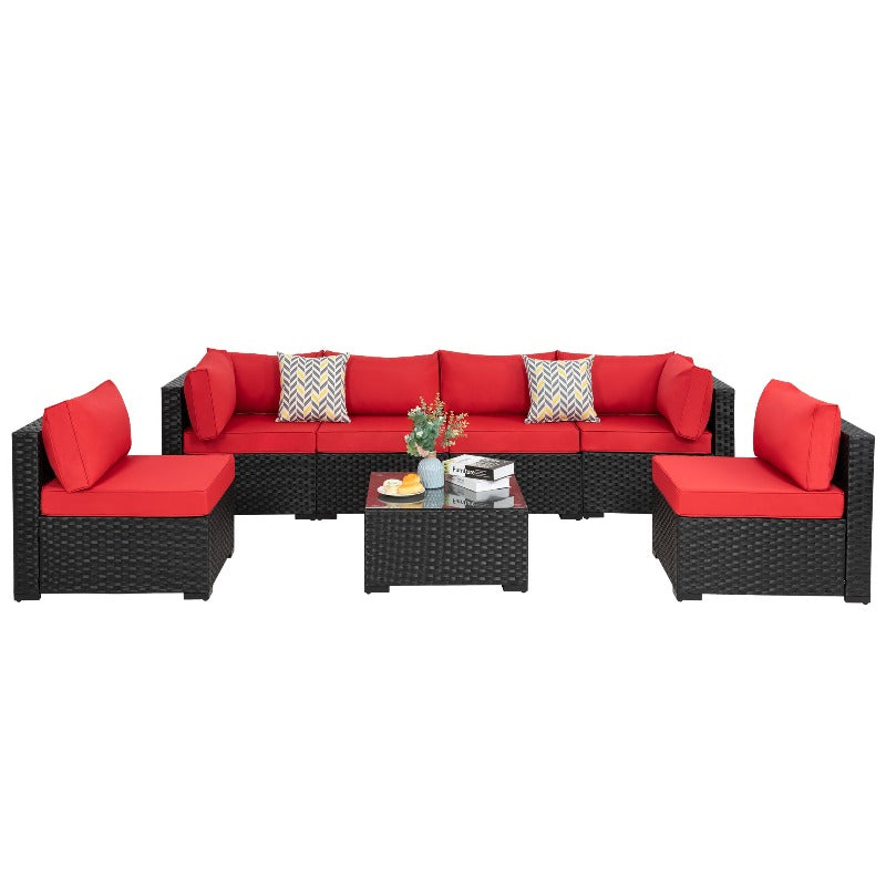 Walsunny Patio Furniture 7 Pieces Outdoor Sectional Sofa Set, Black Wicker#color_red