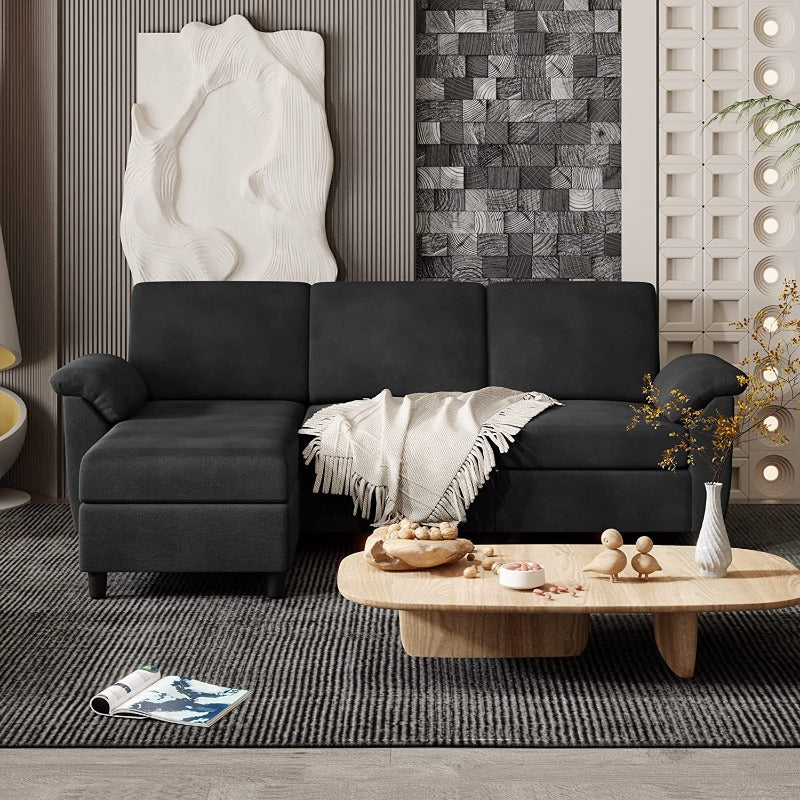 Walsunny 3 Seat L-Shaped Sectional Sofa With Movable Ottoman#color_black