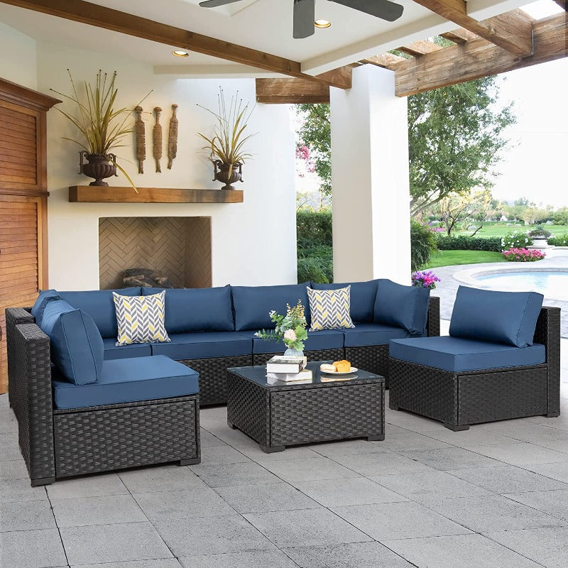 Walsunny Patio Furniture 7 Pieces Outdoor Sectional Sofa Set, Black Wicker#color_aegean-blue