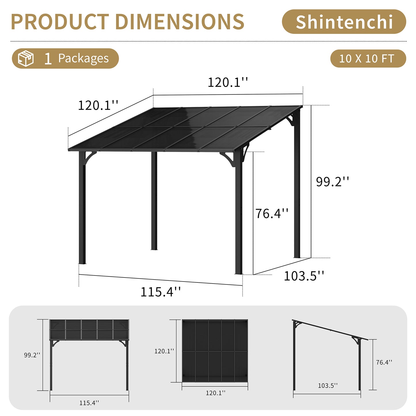 Walsunny 10’ x 10’ Gazebo, Wall Mounted Gazebos Pergola on Clearance, Outdoor Patio Lean to Gazebo Awnings for Deck, Porch, Backyard and More