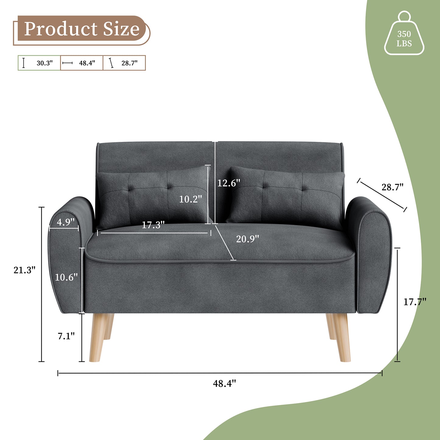 Walsunny Small Modern Loveseat Sofa, Upholstered Fabric Love Seat with Linen Cushions, Compact and Stylish for Small Spaces, Living Room, Bedroom, Office,Dark Gray
