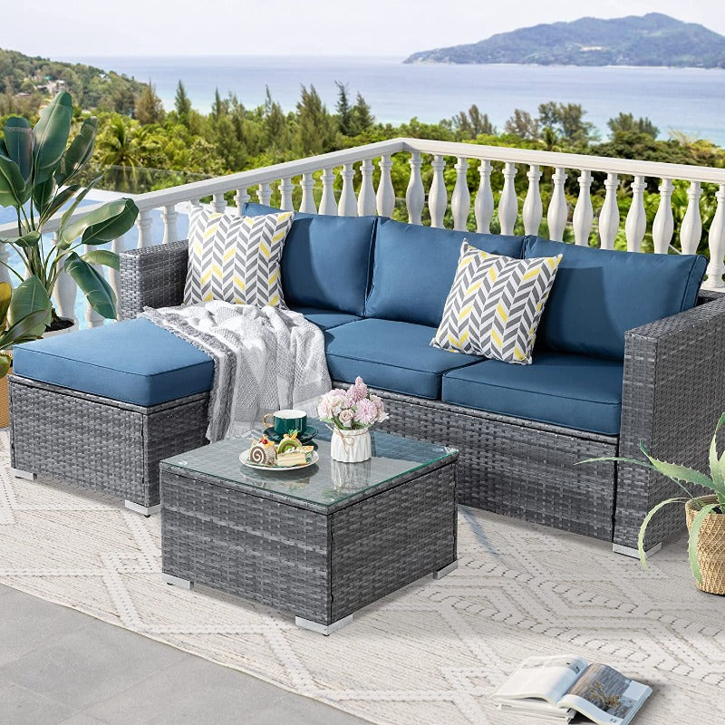 Walsunny 3 Pieces Outdoor Sectional Sofa Set With Silver Wicker & Chaise#color_aegean-blue
