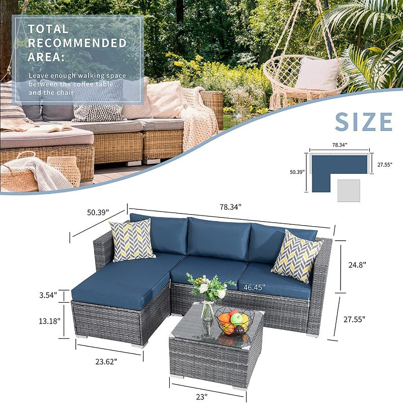 Walsunny 3 Pieces Outdoor Sectional Sofa Set With Silver Wicker & Chaise#color_aegean-blue