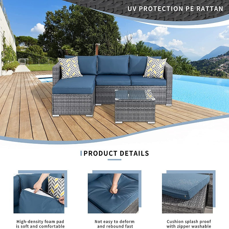 Walsunny 3 Pieces Outdoor Sectional Sofa Set With Silver Wicker & Chaise#color_aegean-blue
