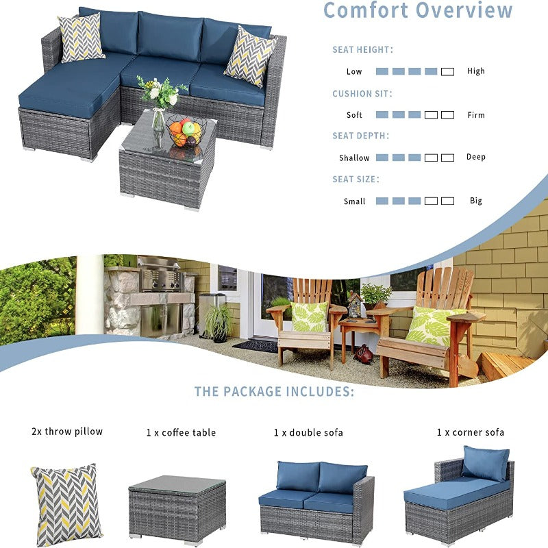 Walsunny 3 Pieces Outdoor Sectional Sofa Set With Silver Wicker & Chaise#color_aegean-blue