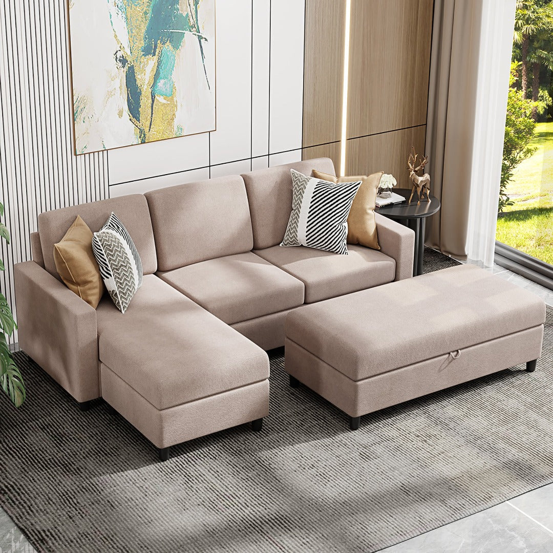 Walsunny Sectional Sofa With Long Storage Ottoman For Small Apartment#color_khaki