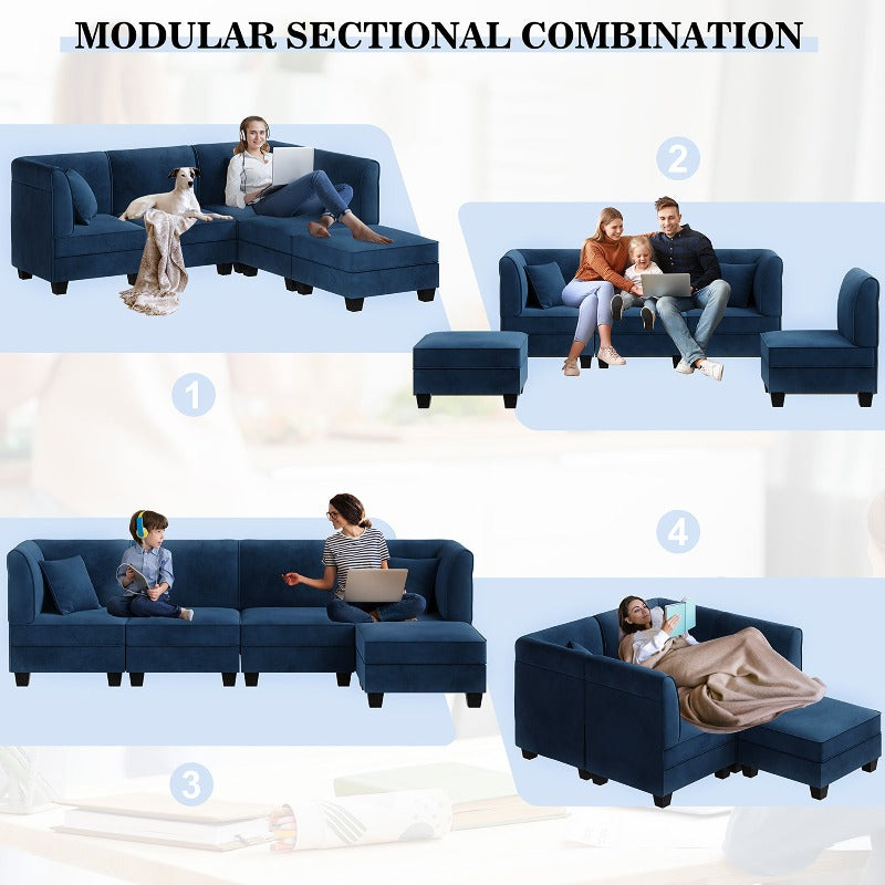 Walsunny Velvet 5 Pieces Modular Sectional Sofa L-Shaped Couch With Reversible Chaise