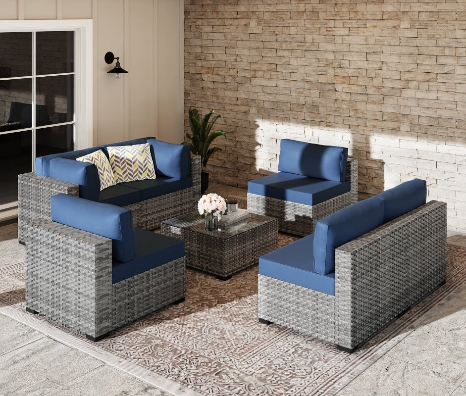 Walsunny Patio Furniture 7 Pieces Outdoor Sectional Sofa Set, Silver Wicker#color_aegean-blue