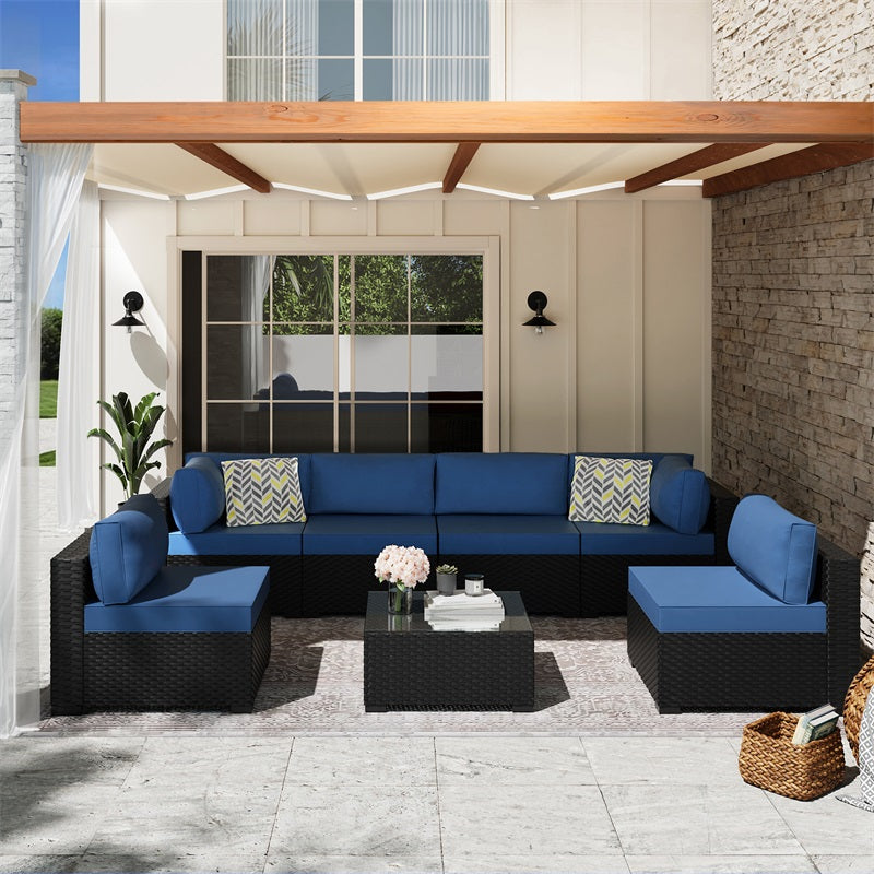 Walsunny Patio Furniture 7 Pieces Outdoor Sectional Sofa Set, Black Wicker#color_aegean-blue