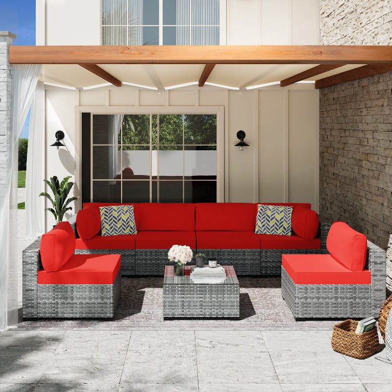 Walsunny Patio Furniture 7 Pieces Outdoor Sectional Sofa Set, Silver Wicker#color_red