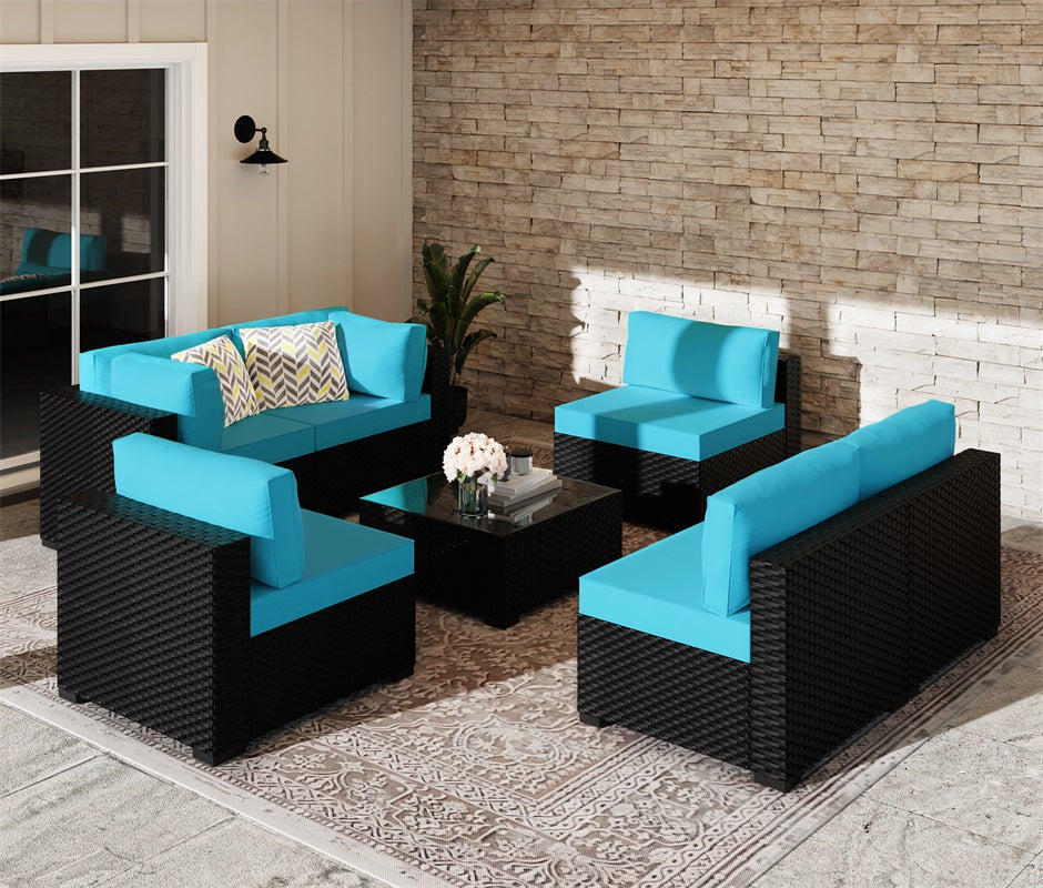 Walsunny Patio Furniture 7 Pieces Outdoor Sectional Sofa Set, Black Wicker#color_blue