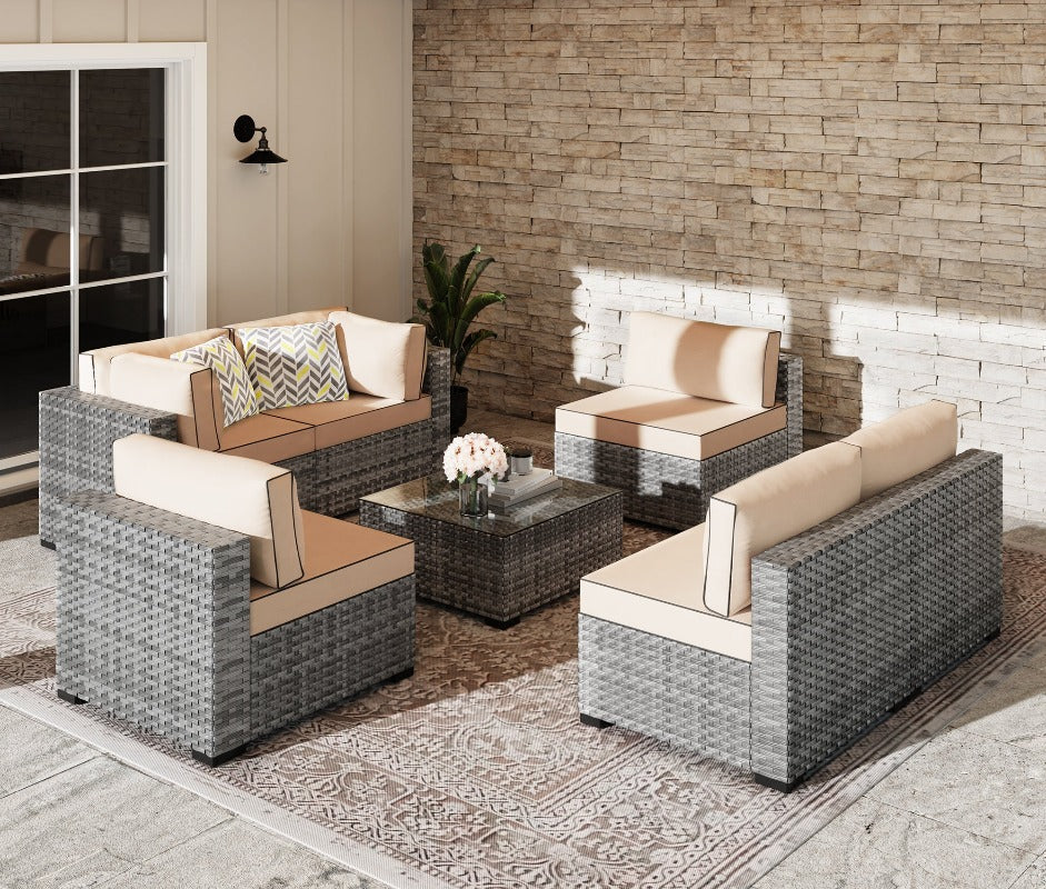 Walsunny Patio Furniture 7 Pieces Outdoor Sectional Sofa Set, Silver Wicker#color_khaki