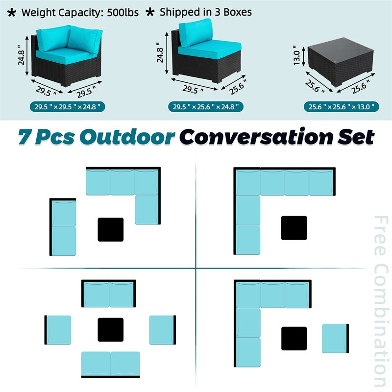 Walsunny Patio Furniture 7 Pieces Outdoor Sectional Sofa Set, Black Wicker#color_blue