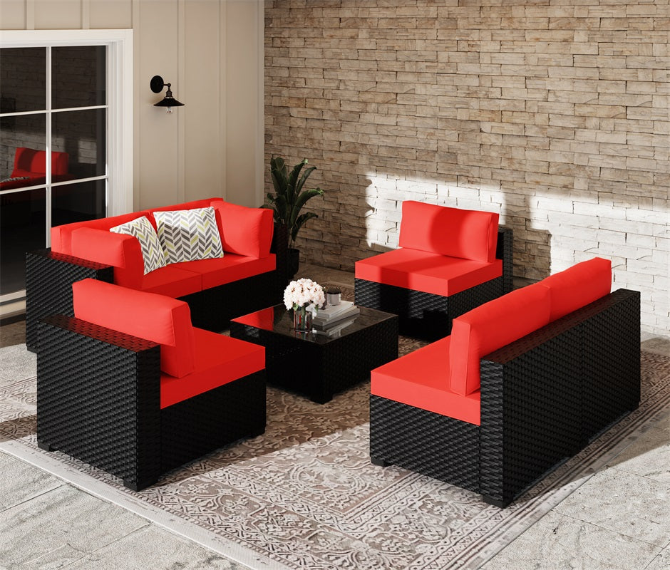 Walsunny Patio Furniture 7 Pieces Outdoor Sectional Sofa Set, Black Wicker#color_red