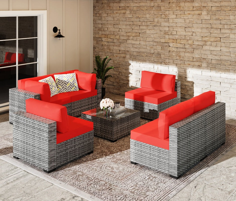 Walsunny Patio Furniture 7 Pieces Outdoor Sectional Sofa Set, Silver Wicker#color_red