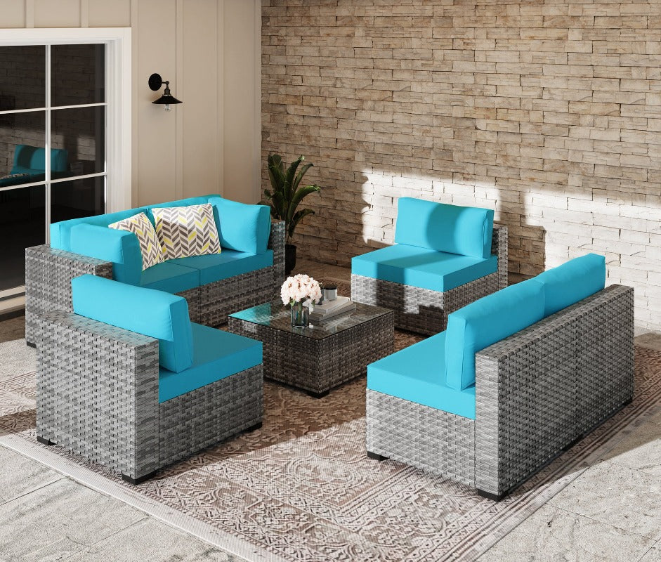 Walsunny Patio Furniture 7 Pieces Outdoor Sectional Sofa Set, Silver Wicker#color_blue