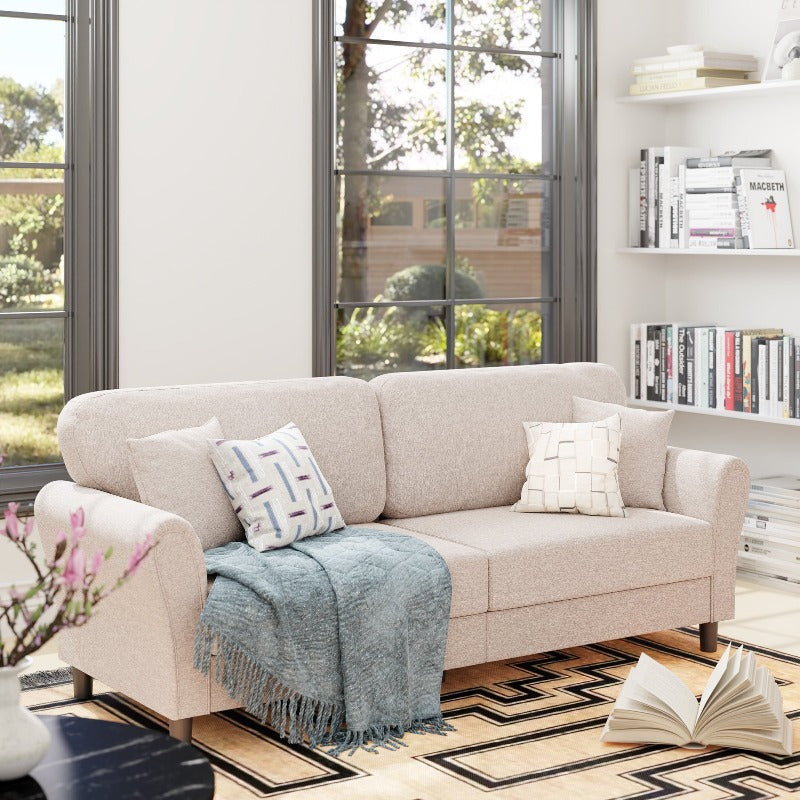 Walsunny 87.4" Mid Century Modern 2-Seat Sofa Couch, Linen Fabric Upholstered Cushions, Easy Tool-Free Assembly loveseat for Living Room, Office, Apartment & Small Spaces#color_beige