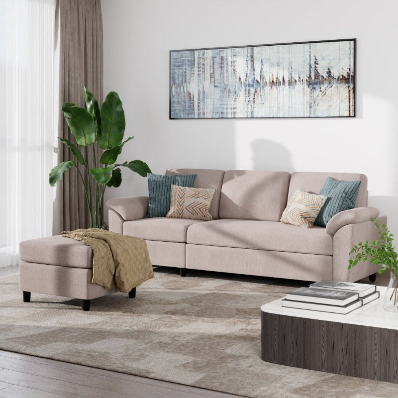 Walsunny 3 Seat L-Shaped Sectional Sofa With Movable Ottoman#color_khaki