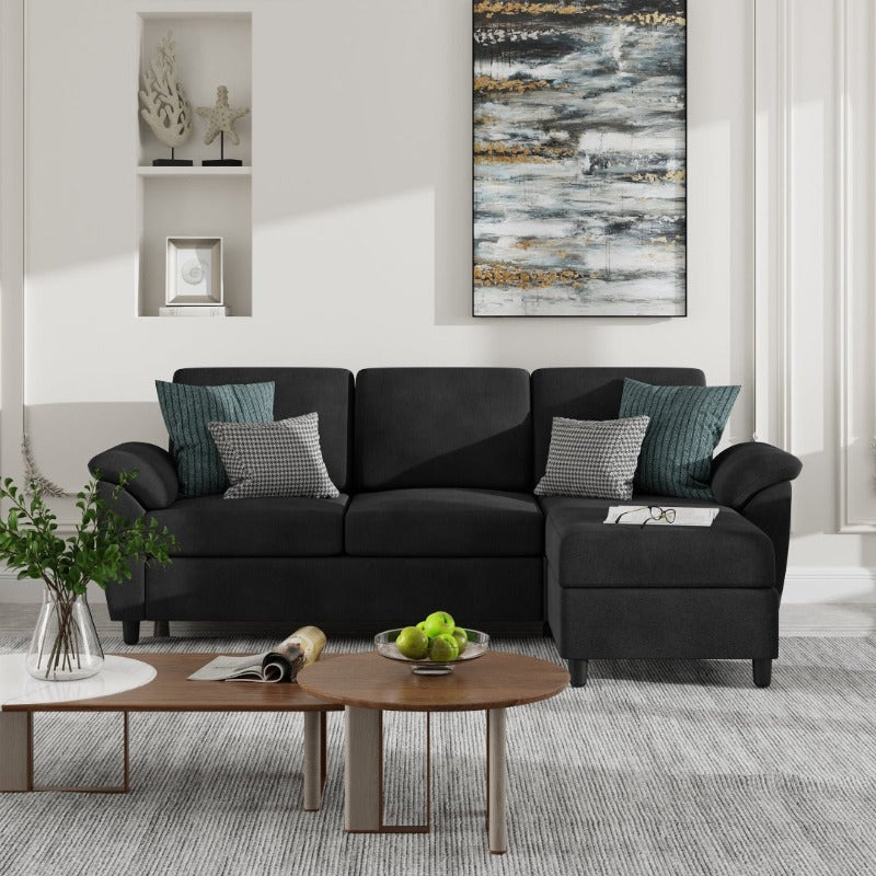 Walsunny 3 Seat L-Shaped Sectional Sofa With Movable Ottoman#color_black