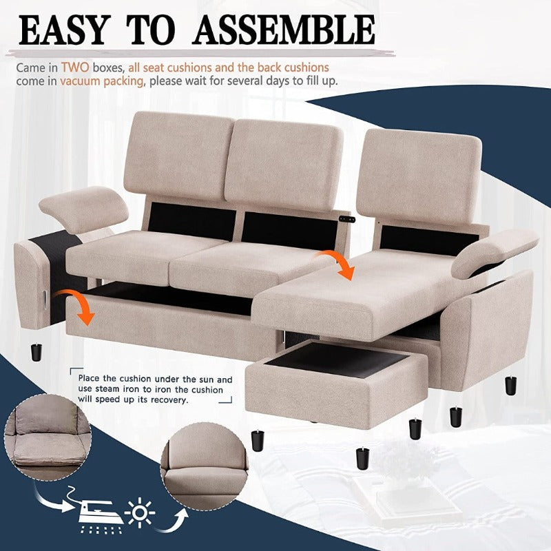 Walsunny 3 Seat L-Shaped Sectional Sofa With Movable Ottoman#color_khaki