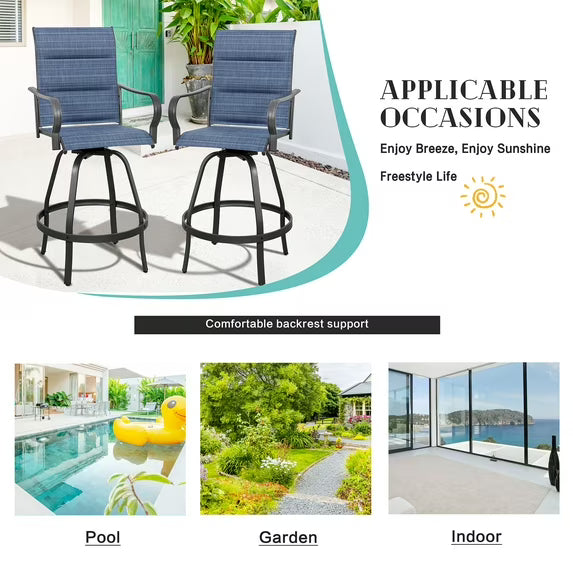 Walsunny 2 Piece Outdoor Swivel Metal Bar Stools Patio Height Textilene Chairs with High Back and Armrest