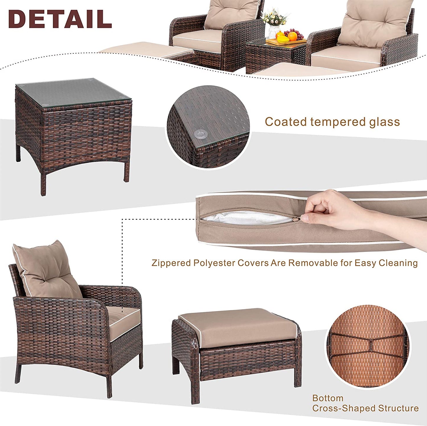 Walsunny 5 Piece Brown Wicker Rattan Outdoor Lounge Chair Set