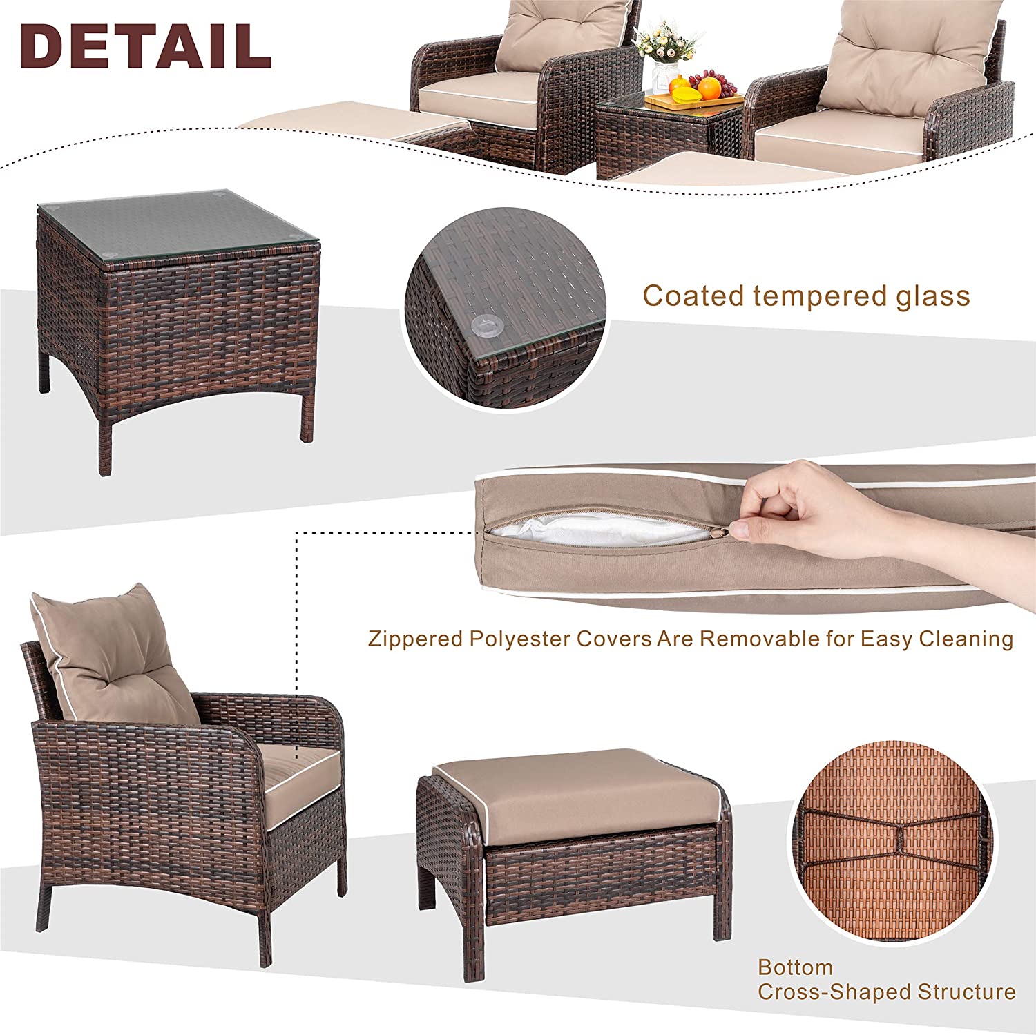Walsunny 5 Piece Brown Wicker Rattan Outdoor Lounge Chair Set