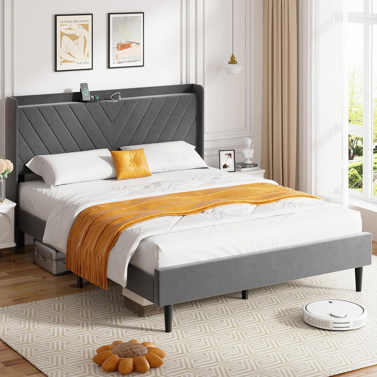 JAMFLY Bed Frame with Wingback Storage Headboard, Queen Size Bed Frame with Charging Station and Velvet Fabric, Strong Wood Slats, Easy Assembly, No Box Spring Needed, Light Grey