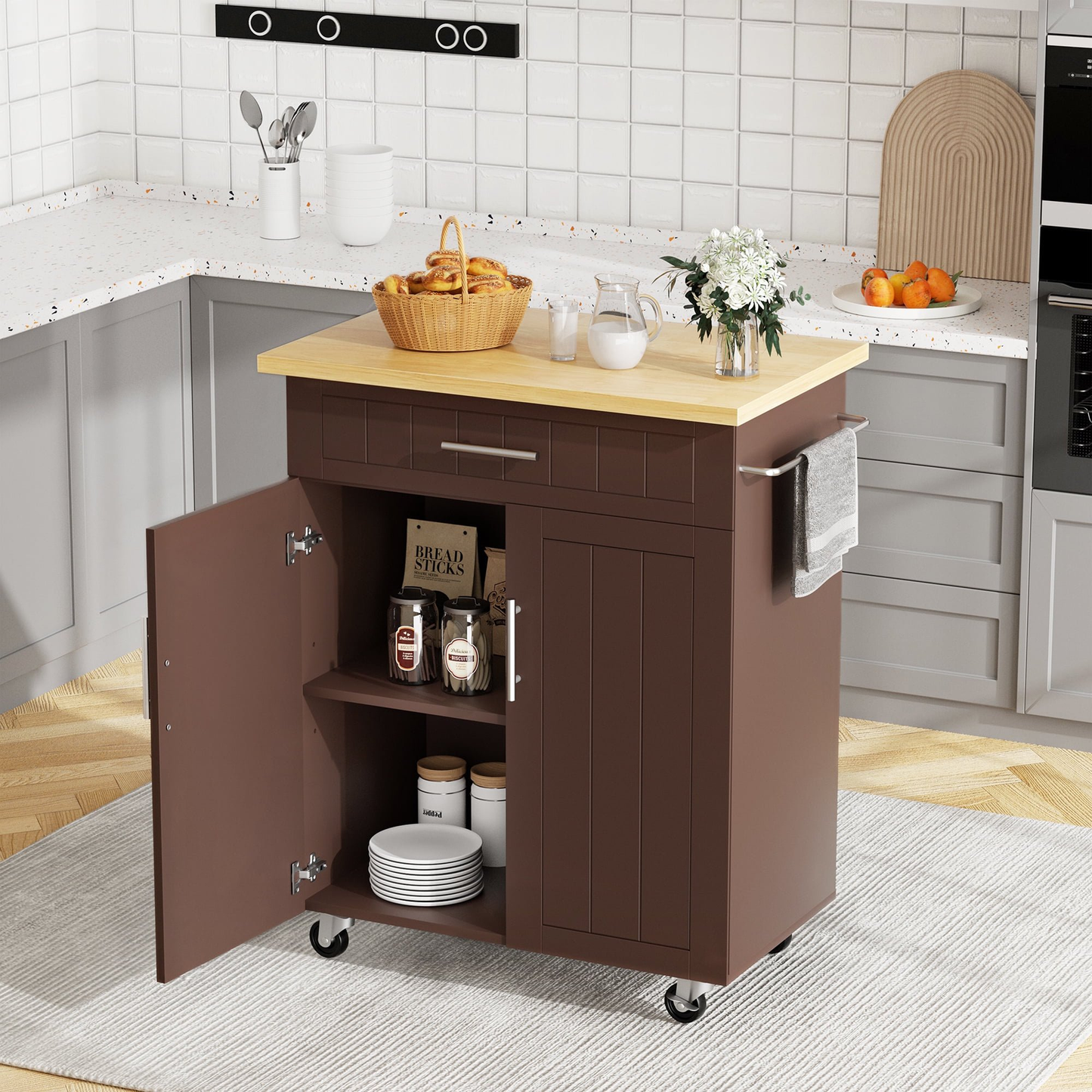 Walsunny 26‘’ Rolling Kitchen Island Cart With Solid Wood Top