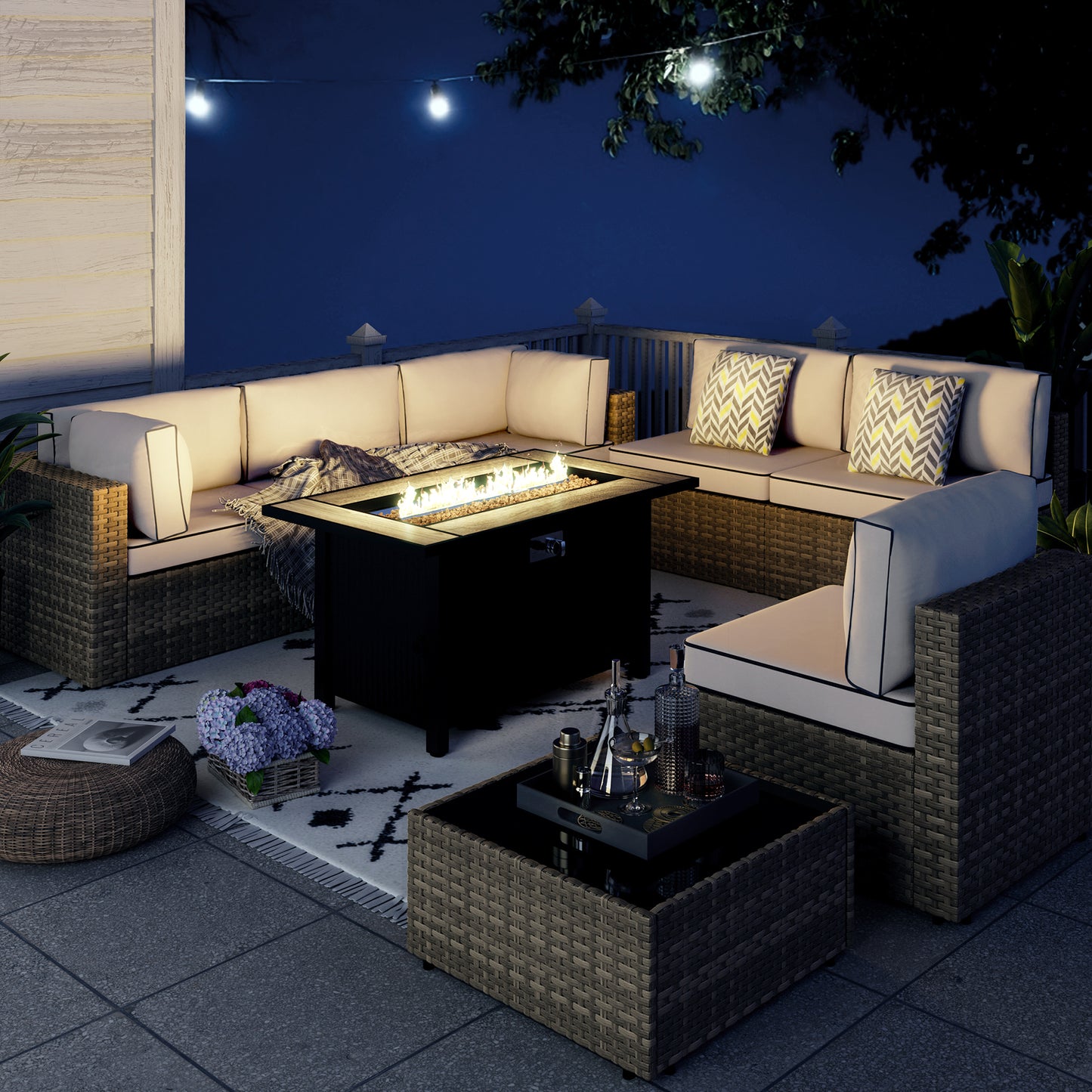 Walsunny 8 Piece Outdoor Patio Furniture Set with 45” Fire Pit Table Rattan Conversation Sectional Sets, Patio Couch with Tempered Glass Tea Table, Thickened Grey Cushions for Porch Backyard Lounge