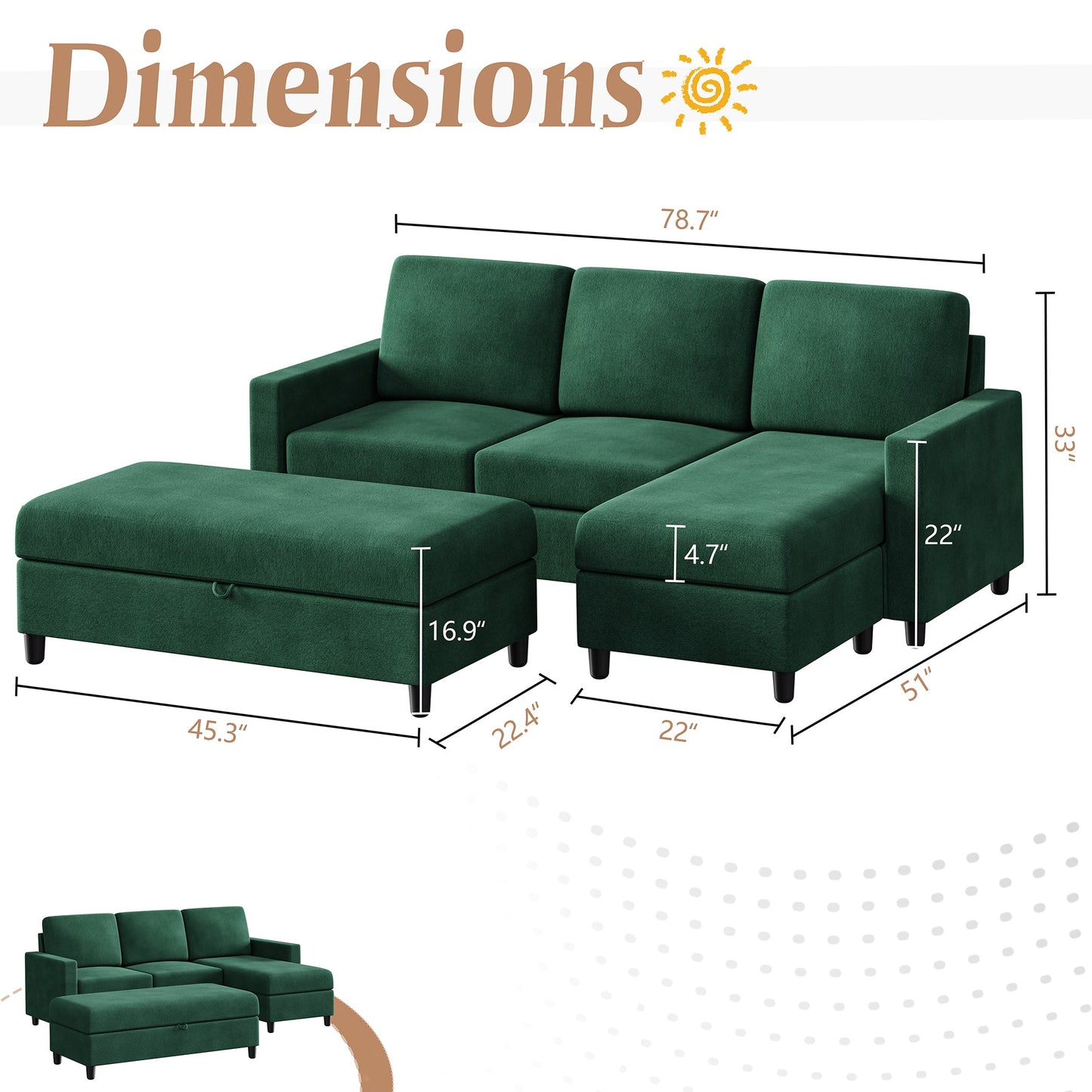 Walsunny Sectional Sofa With Long Storage Ottoman For Small Apartment#color_green