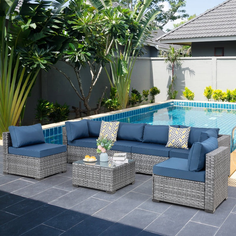 Walsunny Patio Furniture 7 Pieces Outdoor Sectional Sofa Set, Silver Wicker#color_aegean-blue
