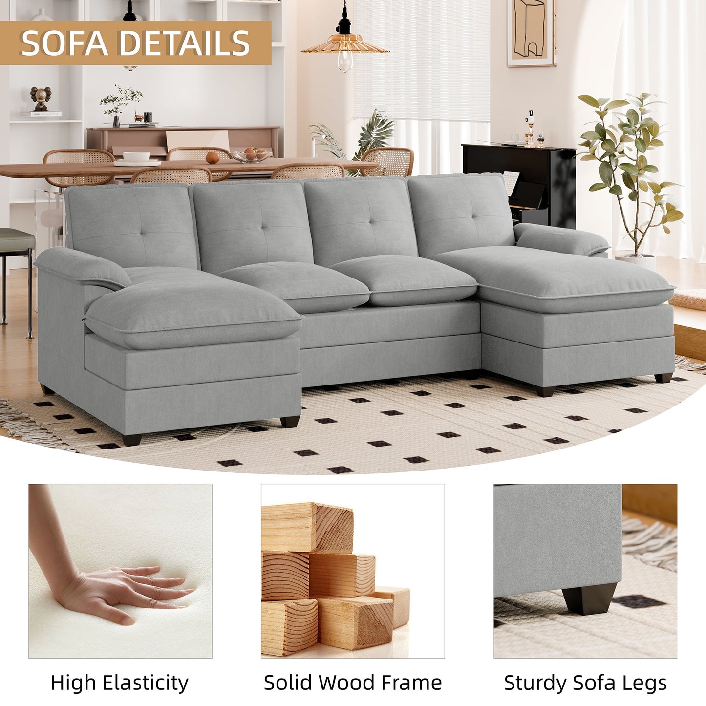 Walsunny 109'' 4-Seat U Shaped Modern Sectional Sofa With Double Chaise for Apartment, Studio, Office