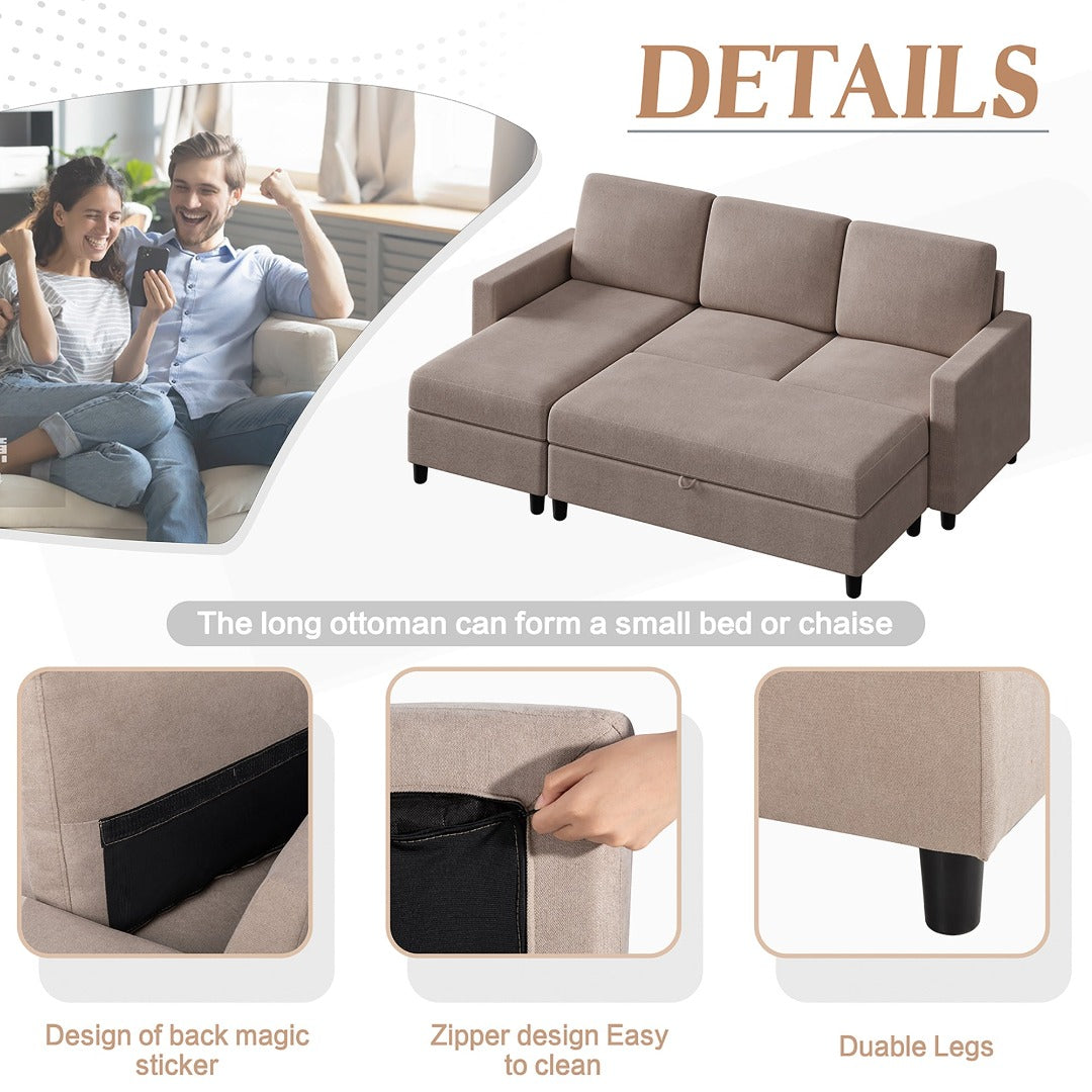 Walsunny Sectional Sofa With Long Storage Ottoman For Small Apartment#color_khaki