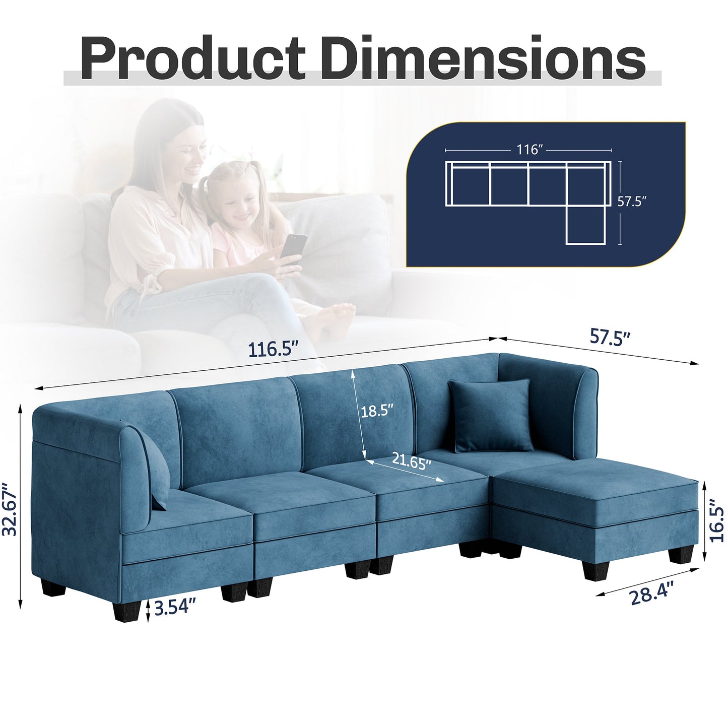 Walsunny Velvet 5 Pieces Modular Sectional Sofa L-Shaped Couch With Reversible Chaise