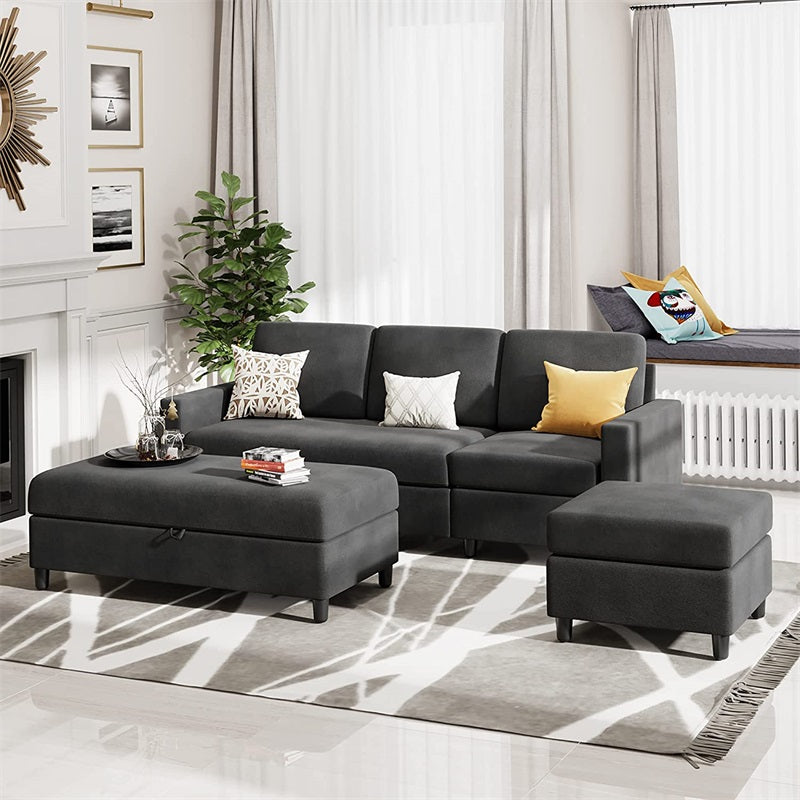 Walsunny Sectional Sofa With Long Storage Ottoman For Small Apartment#color_black