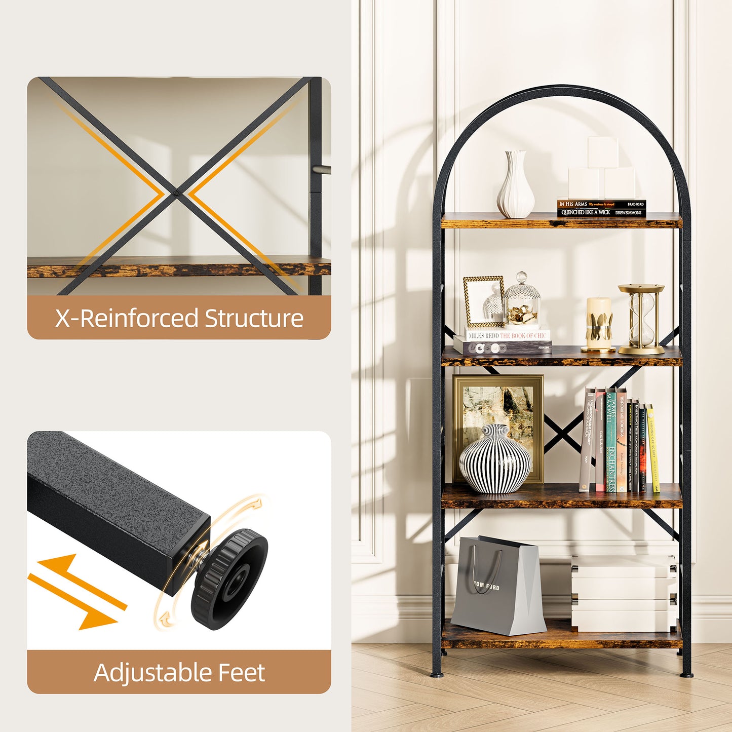 Walsunny 4-Tier Arched Bookshelf Industrial Open Storage Shelf, Display Bookshelves with Metal Frame, Rustic Wood Tall Bookcase for Living Room, Home Office,