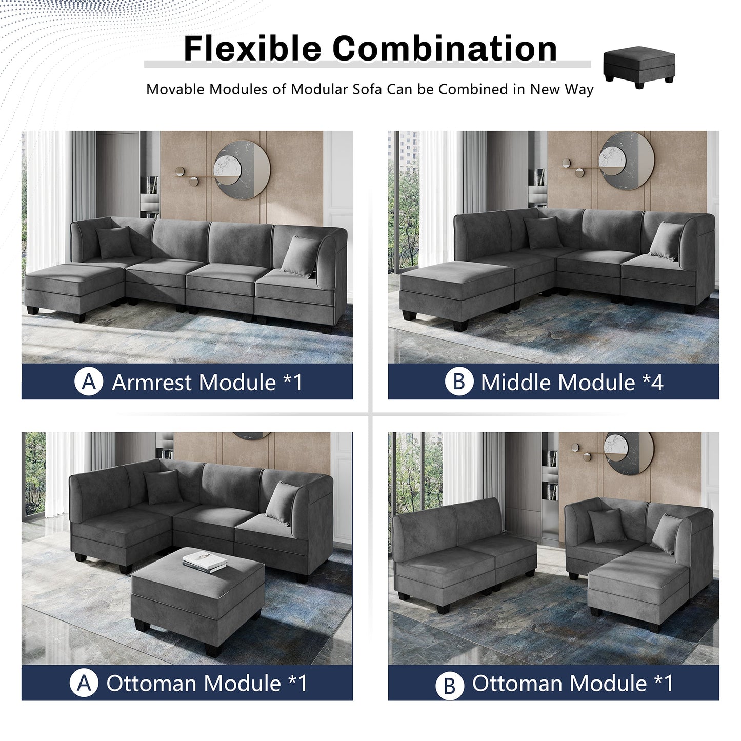 Walsunny Velvet 5 Pieces Modular Sectional Sofa L-Shaped Couch With Reversible Chaise
