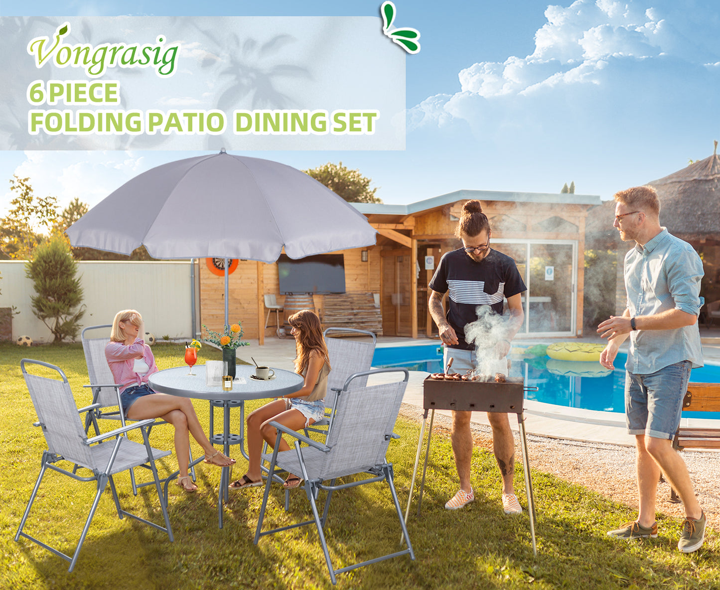 Walsunny Patio Furniture 6 Pieces Texilene Outdoor Folding Dining Set With Umbrella