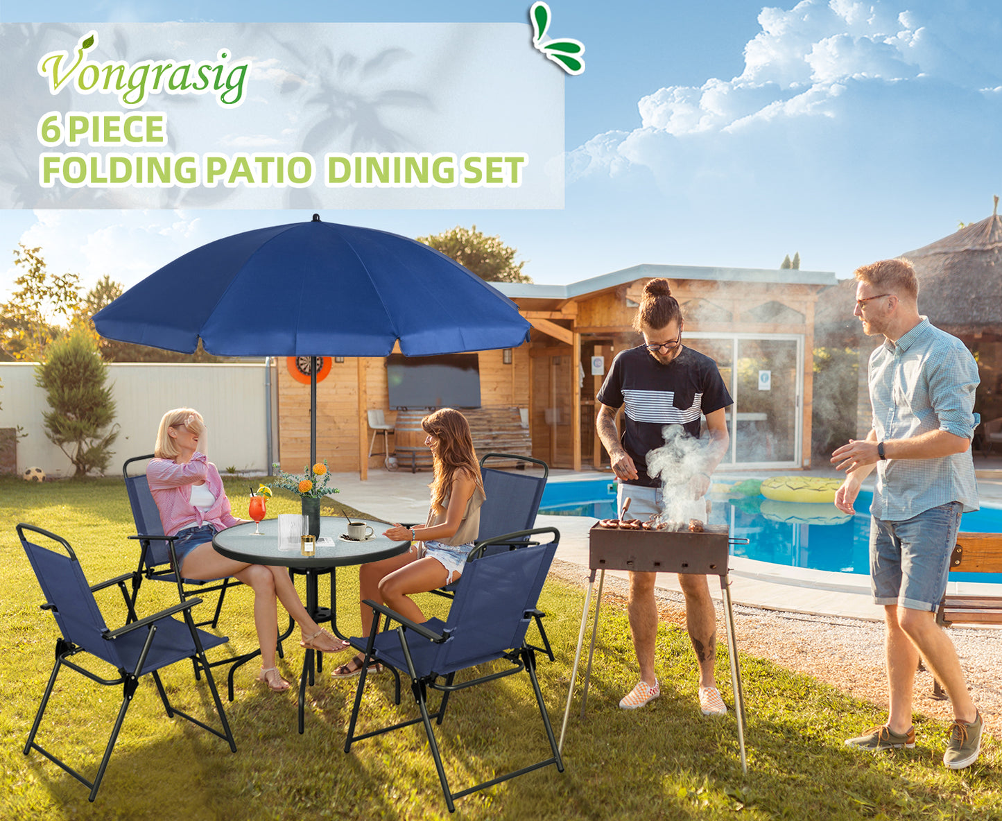 Walsunny Patio Furniture 6 Pieces Texilene Outdoor Folding Dining Set With Umbrella