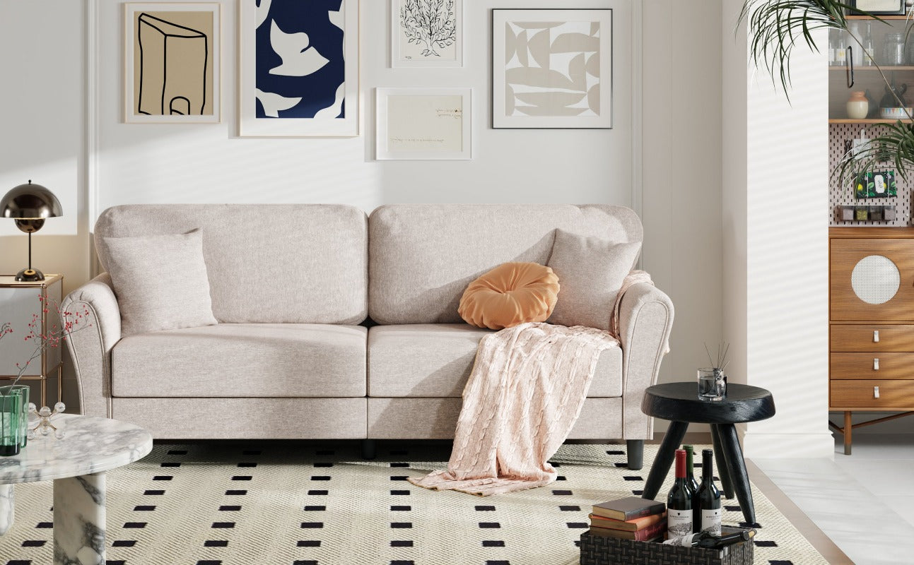 Walsunny 87.4" Mid Century Modern 2-Seat Sofa Couch, Linen Fabric Upholstered Cushions, Easy Tool-Free Assembly loveseat for Living Room, Office, Apartment & Small Spaces#color_beige