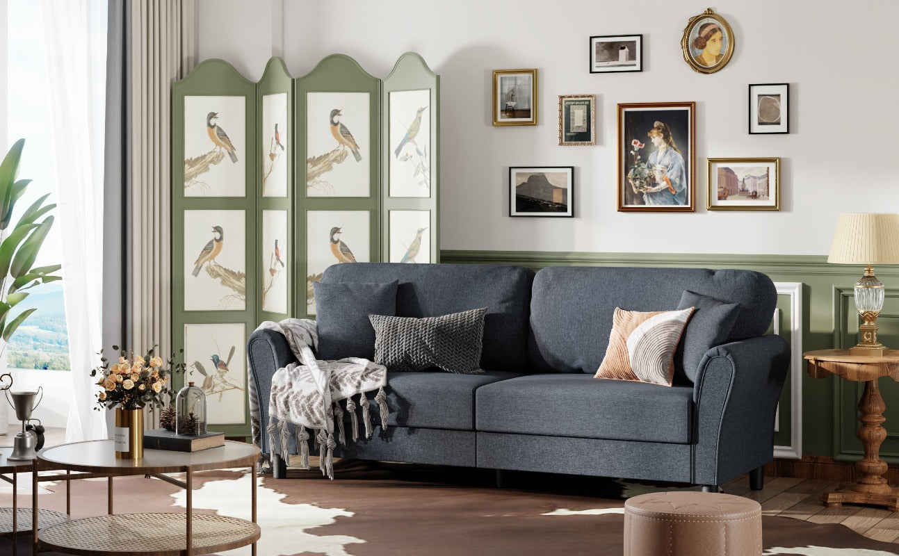 Walsunny 87.4" Mid Century Modern 2-Seat Sofa Couch, Linen Fabric Upholstered Cushions, Easy Tool-Free Assembly loveseat for Living Room, Office, Apartment & Small Spaces#color_dark-grey