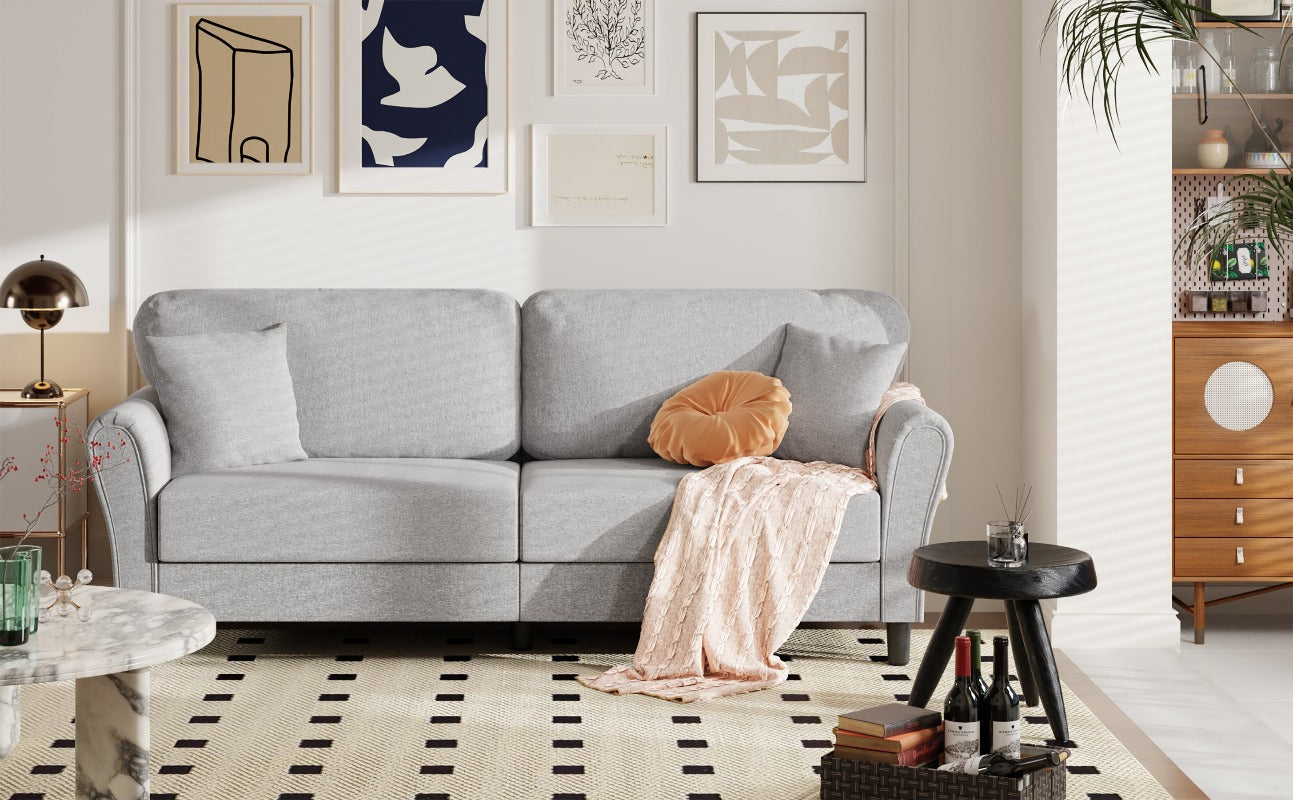 Walsunny 87.4" Mid Century Modern 2-Seat Sofa Couch, Linen Fabric Upholstered Cushions, Easy Tool-Free Assembly loveseat for Living Room, Office, Apartment & Small Spaces#color_light-grey