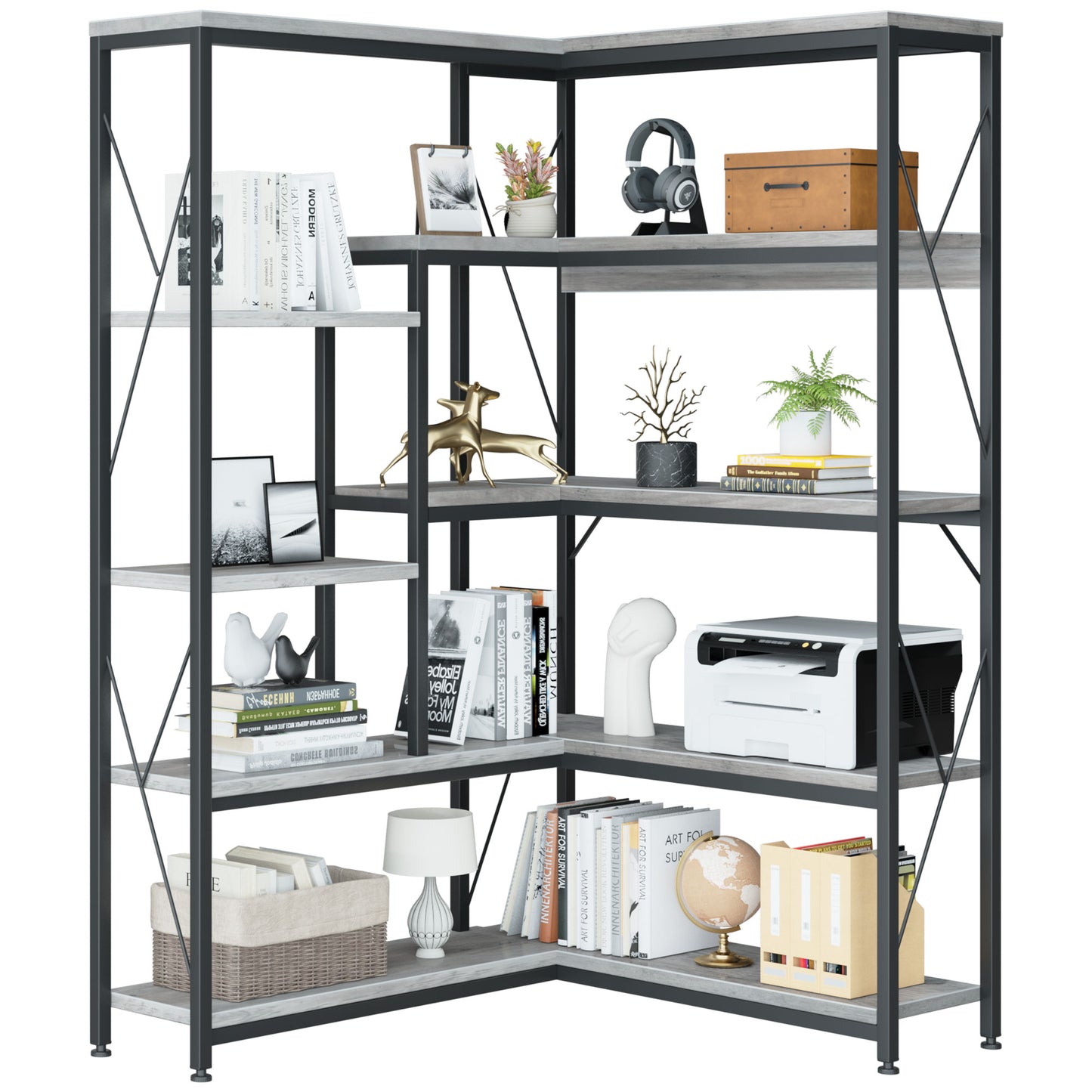 Walsunny Corner Bookshelves Bookcases 5 Tier L Shaped Wood Bookshelf with Metal Frame Display Rack