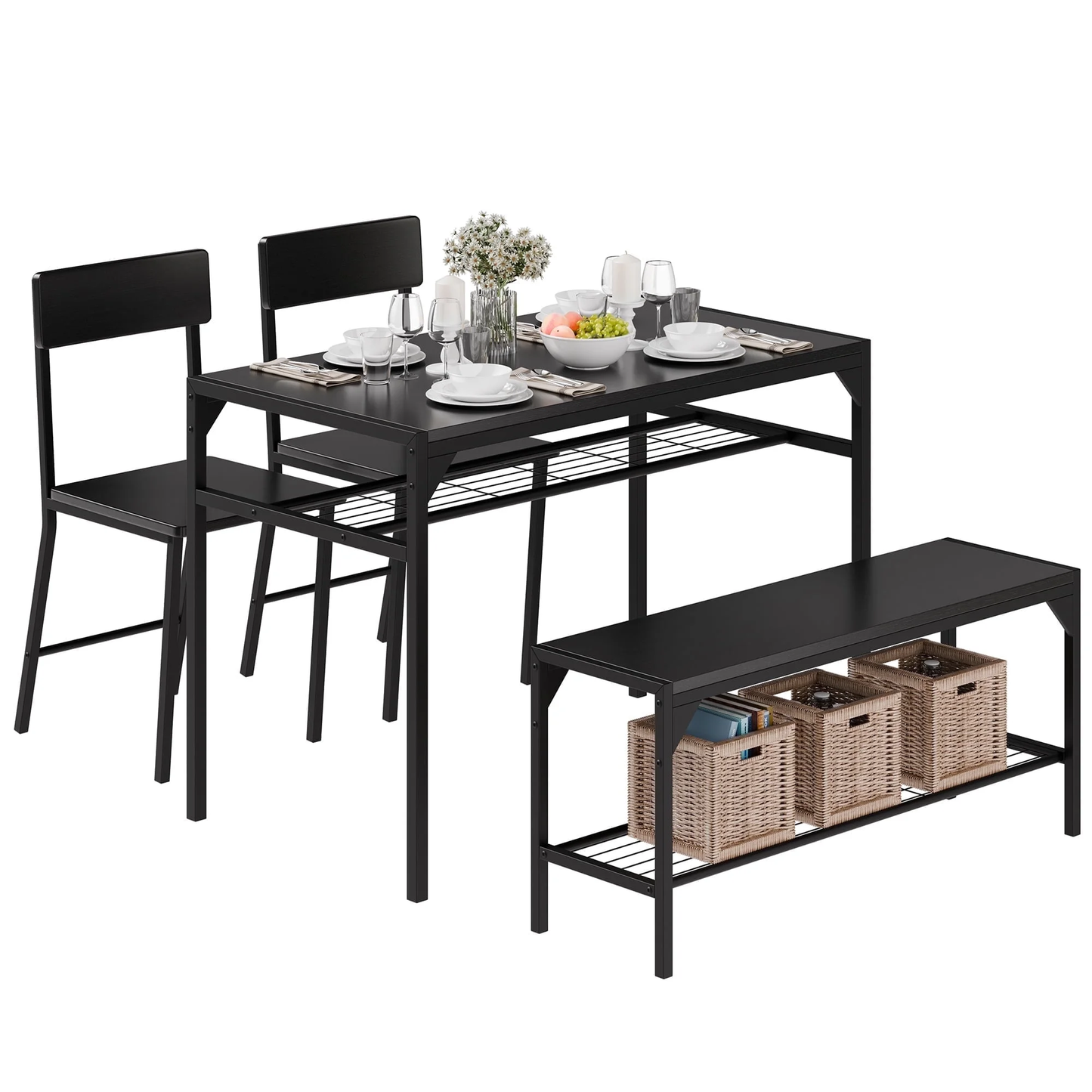 Walsunny Dining Table Set Small Bar Table Kitchen and Chairs Set for 2 with Storage Shelves and 2 Stools,Tall Breakfast Nook Suitable for Pub,Dining Room,Kitchen,Black